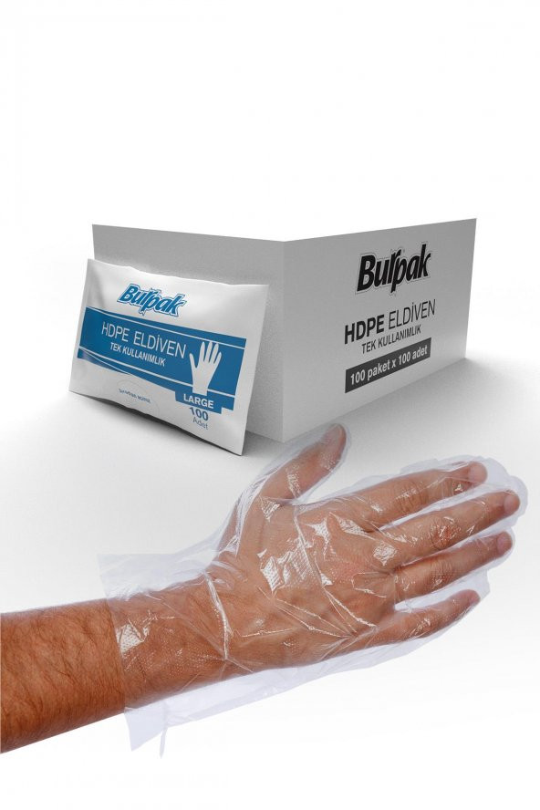 Burpak HDPE İş Temizlik Tek Kullanımlık Şeffaf Eldiven / Büyük Boy / 100 Adetlik 100 Paket - Koli