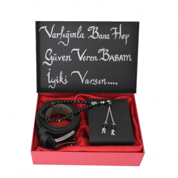 Erkek Hediye Set Siyah Cüzdan- Kemer -Kişiye Özel Harfli Tesbih