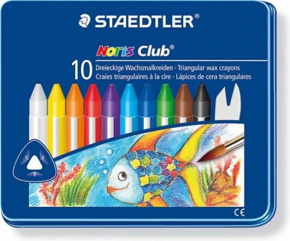 Staedtler Noris Club Triangular Wax Crayon Aquarell Mum Boya 10 Renk Metal Kutu