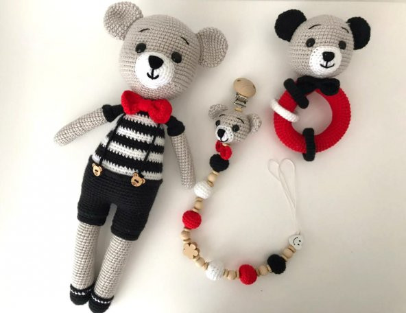 Yeni Doğan Papyonlu Ayıcık Seti Amigurumi Organik Oyuncak - 1