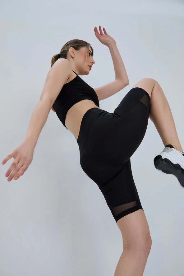 Biker Tayt Spor Tayt Kısa Tayt Yüksek Bel Toparlayıcı Şort Comfort Siyah - 3