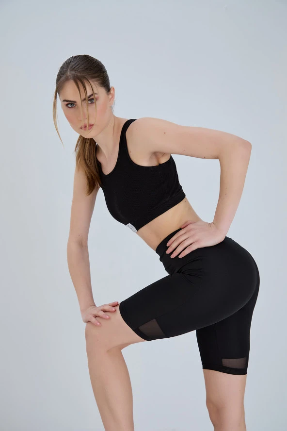 Biker Tayt Spor Tayt Kısa Tayt Yüksek Bel Toparlayıcı Şort Comfort Siyah - 7