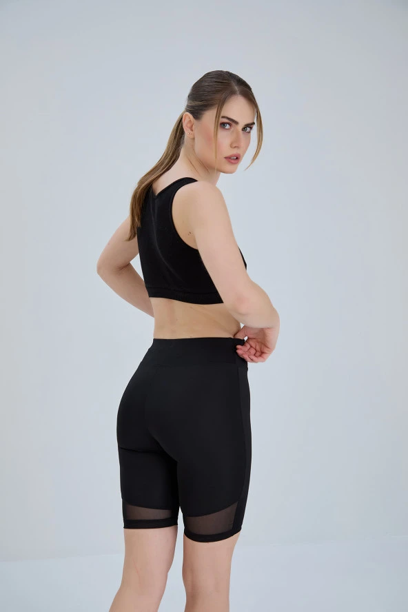 Biker Tayt Spor Tayt Kısa Tayt Yüksek Bel Toparlayıcı Şort Comfort Siyah - 8