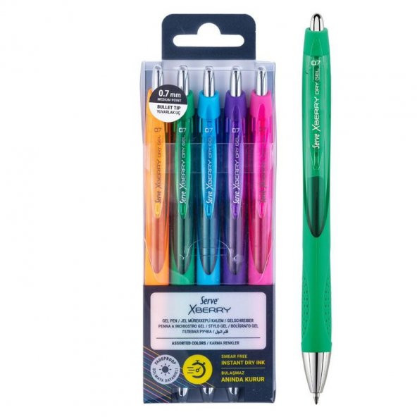 Serve XBerry Jel Kalem 0.7mm Yuvarlak Uç 5 RENK SET B