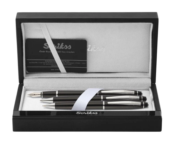 Scrikss Noble 35 Dolma Kalem, Tükenmez Kalem, Mekanik Kurşun Kalem Üçlü Set Siyah-Krom