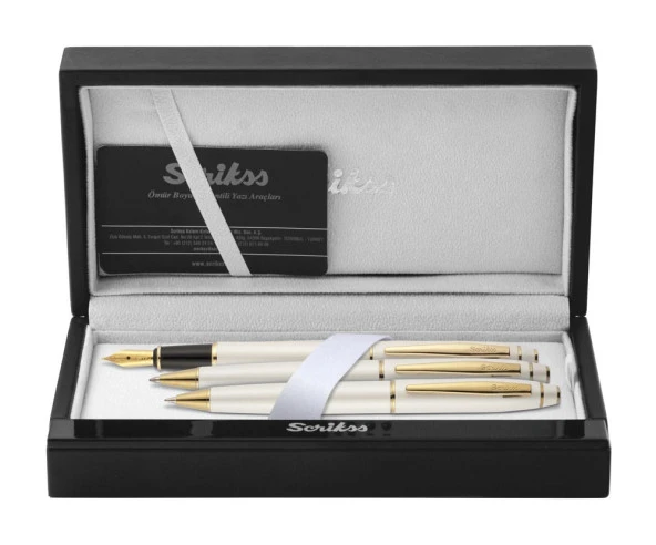 Scrikss Noble 35 Dolma Kalem, Tükenmez Kalem,  Mekanik Kurşun Kalem Üçlü Set Beyaz-Altın