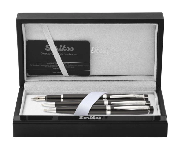 Scrikss Honour 38 Dolma Kalem, Tükenmez Kalem, Mekanik Kurşun Kalem Üçlü Set Siyah-Krom