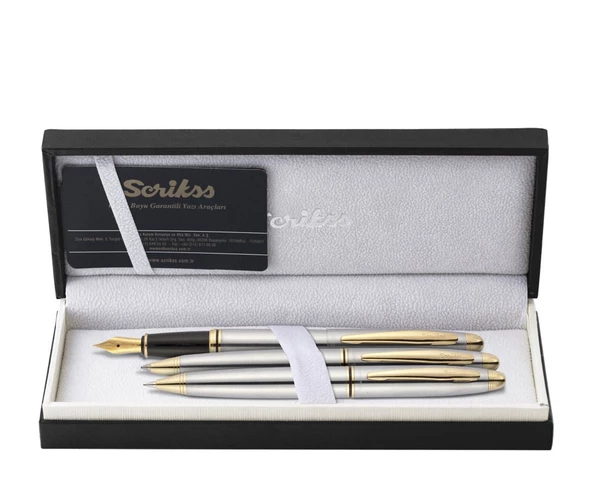Scrikss Knight 88 Dolma Kalem, Tükenmez Kalem, Mekanik Kurşun Kalem Üçlü Set Krom-Altın