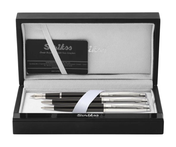 Scrikss Oscar 39 Dolma Kalem, Tükenmez Kalem, Mekanik Kurşun Kalem Üçlü Set Siyah-Krom