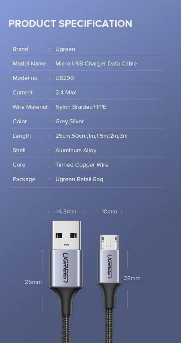 Ugreen 2.4A USB to Mikro Usb Kablo 100Cm - 3