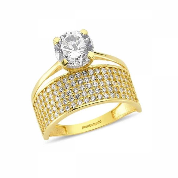 Altın Tektaş Alyans Yüzük 5 Sıra Taşlı İkisi Bir Arada