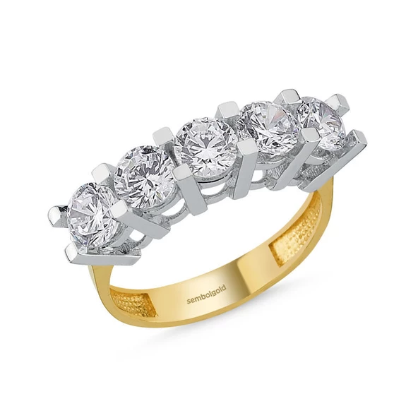 5 Taş Yüzük Sarı Altın Swarovski