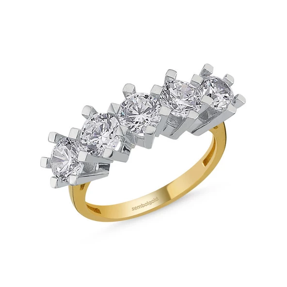 5 Taş Yüzük Sarı Altın Swarovski
