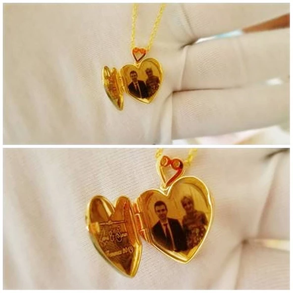 Altın Resimli Kolye Doç Zincirli Kalp - Resim 6