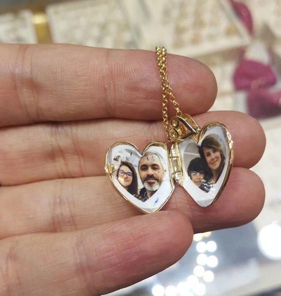 Altın Resimli Kolye Doç Zincirli Kalp - Resim 3