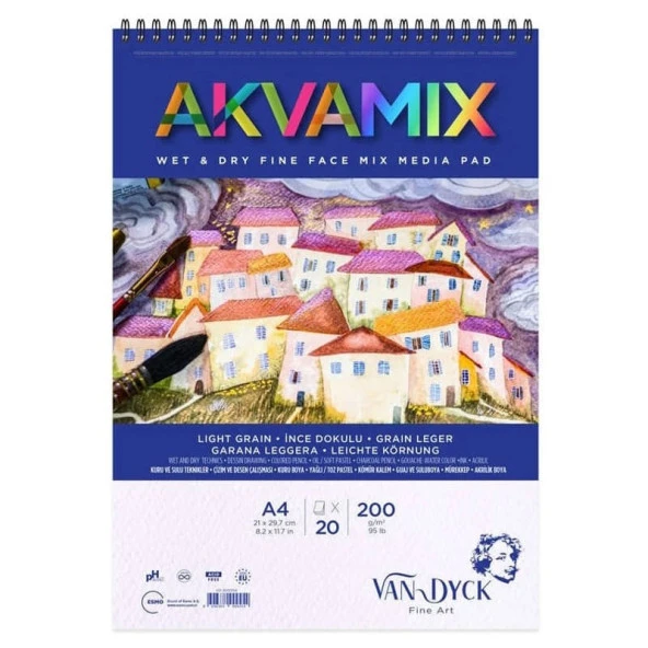 Van Dyck Akvamix Multi Teknik Sanatsal Blok 200 gr 20 yp A4 Spiralli