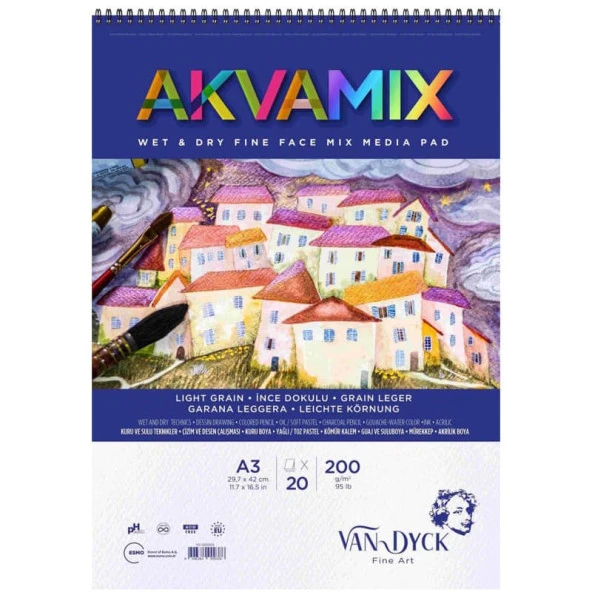 Van Dyck Akvamix Multi Teknik Sanatsal Blok 200 gr 20 yp A3 Spiralli