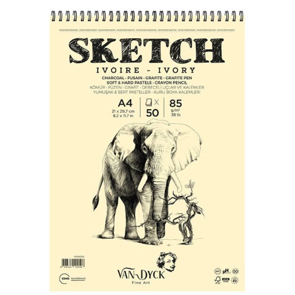 Van Dyck Sketch Ivory Eskiz Defteri 85 gr 50 yp A4 Üstten Spiralli