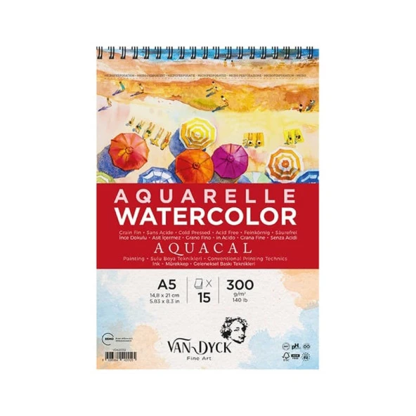 Van Dyck Aquacal Cold Press İnce Dokulu Sulu Boya Blok 300 gr 15 yp A5 Spiralli