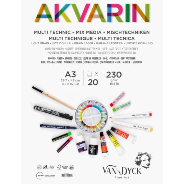 Van Dyck Akvarin Multi Purpose Sanatsal Blok 230 gr 20 yp A3 Spiralli