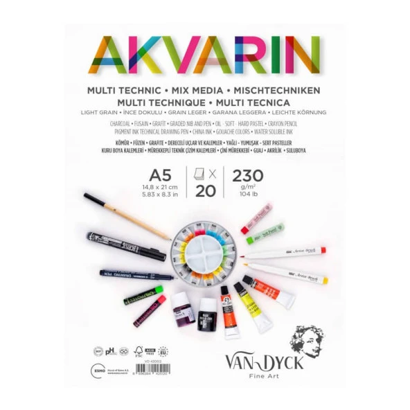 Van Dyck Akvarin Multi Purpose Sanatsal Blok 230 gr 20 yp A5 Spiralli