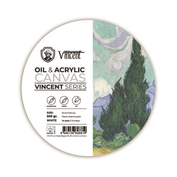 Vincent Oil & Acrylic Canvas White Daire Tuval Dokulu Blok 300 gr 10 cm 10 Sayfa