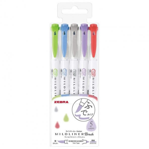 Zebra Mildliner Brush Fırça Uçlu İşaretleme Kalemi 5li Set Canlı Renkler