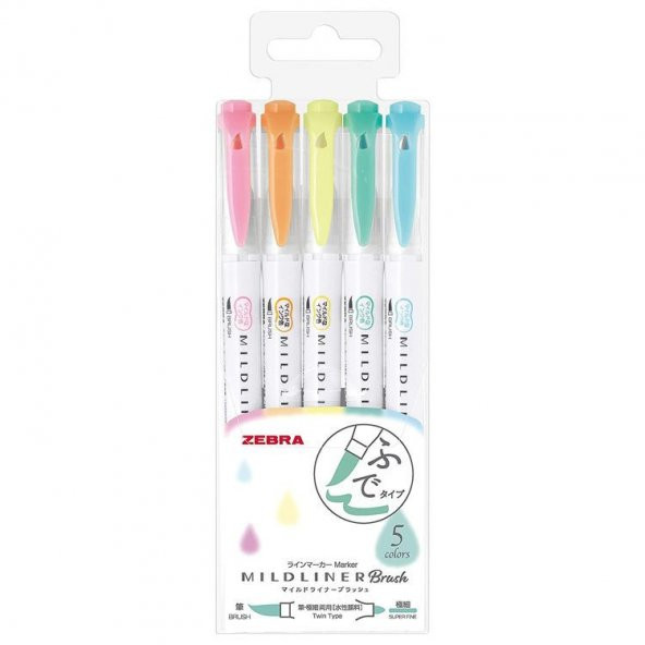 Zebra Mildliner Brush Fırça Uçlu İşaretleme Kalemi 5li Set Pastel Renkler