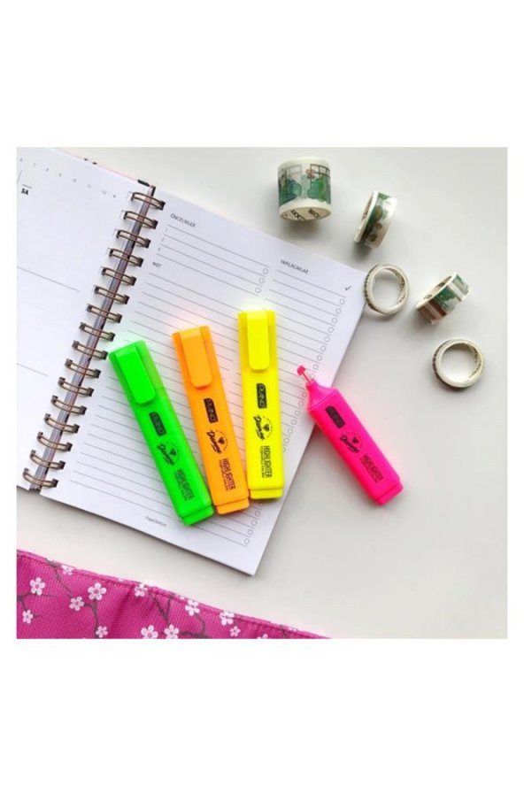 Fosforlu Kalem 4 Lü 1 Paket İşaretleme Kalemi 4 Renk Fosforlu Renkler Kesik Uç Turuncu Sarı Pembe Yeşil - 3