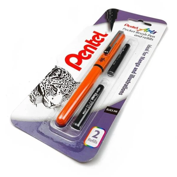 Pentel Pocket Brush Pen Cep Tipi Fırça Kalem + 2 Yedek Kartuş Turuncu Gövde
