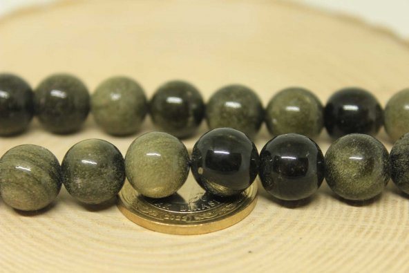 Golden & Siyah Obsidyen Taşı YARIM Dizi 11-12.5mm Aralığındadır (18cm uzunluğundadır) - Resim 2