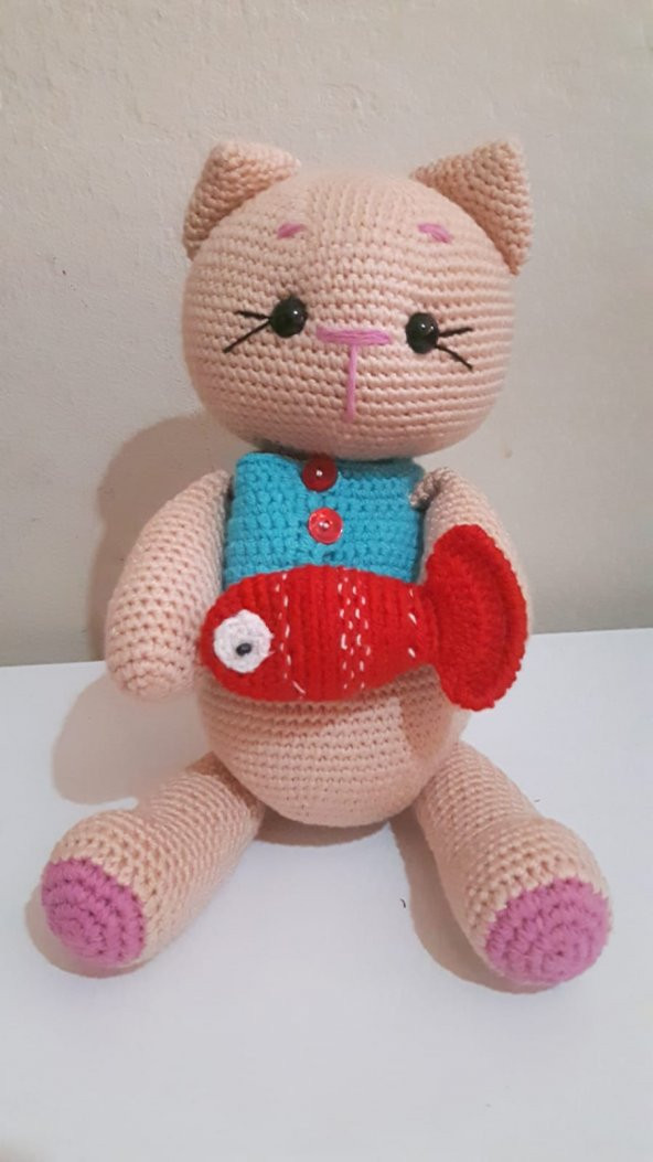 Kırmızı Balıklı Kedi Amigurumi Organik Oyuncak - 2