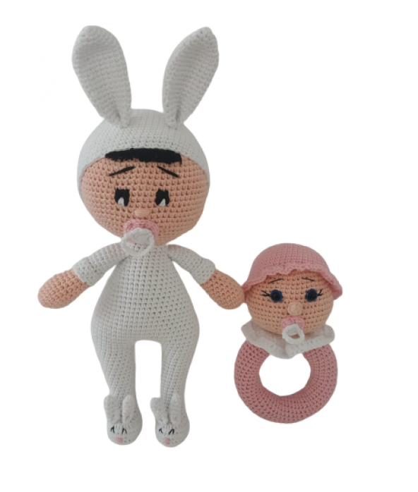 Emzikli Bebek Tavşan Seti Amigurumi Organik Oyuncak