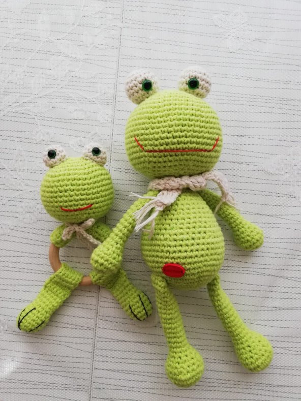 Kurbağa Uyku Arkadaşı ve Çıngırak Amigurumi Organik Oyuncak - 1