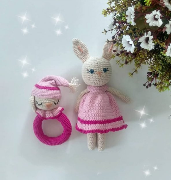 Tavşancık Uyku Arkadaşı ve Çıngırak Amigurumi Organik Oyuncak - 1