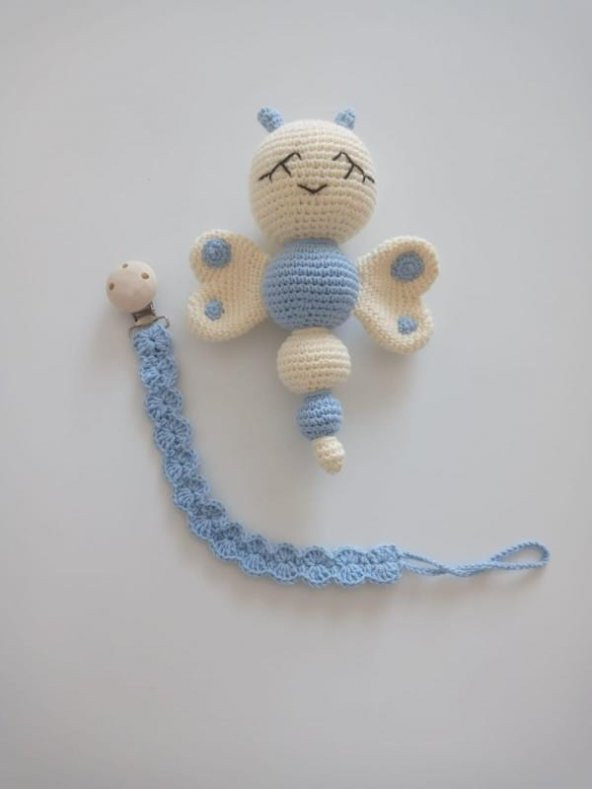 Mavi Kelebek Çıngırak ve Emzik Zinciri Amigurumi Organik Oyuncak - 1