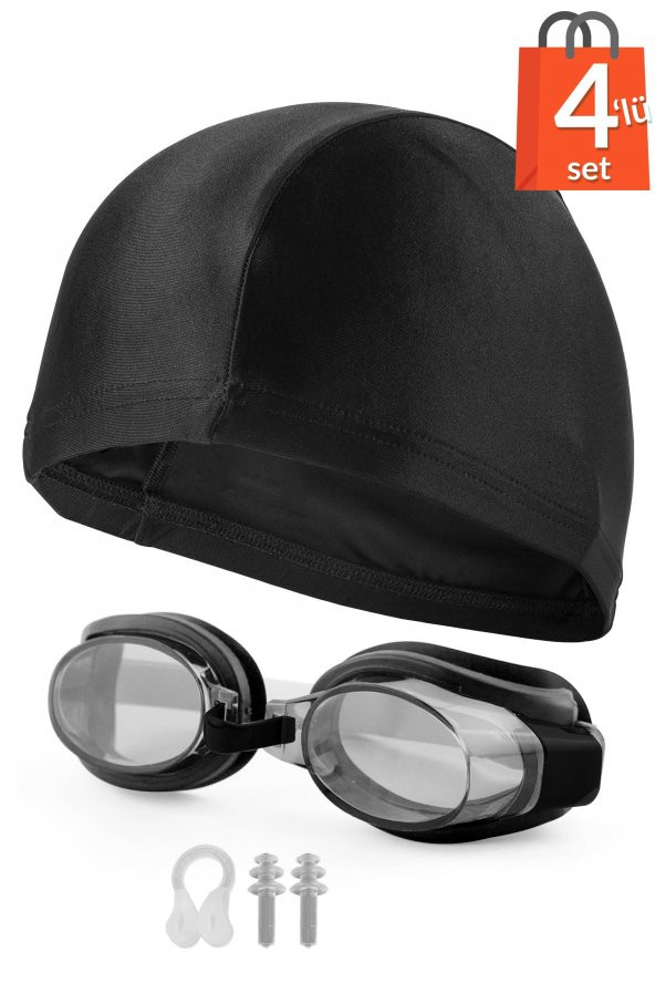 4lü Set Yüzücü Gözlüğü Kumaş Bone Kulak Ve Burun Tıkaçlı Set Yüzme Havuz Deniz Gözlüğü Siyah