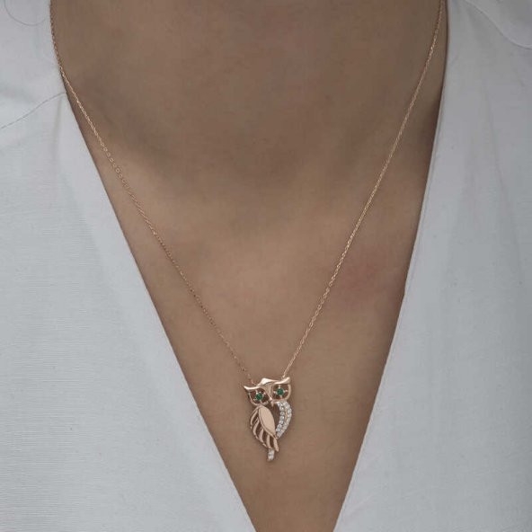 ​925 Ayar Gümüş Rose Yeşil Gözlü Baykuş Kadın Gümüş Kolye - Resim 4