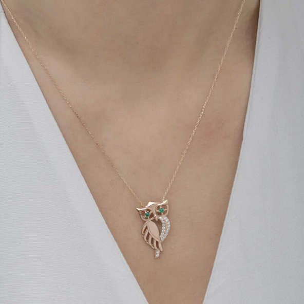​925 Ayar Gümüş Rose Yeşil Gözlü Baykuş Kadın Gümüş Kolye - Resim 5