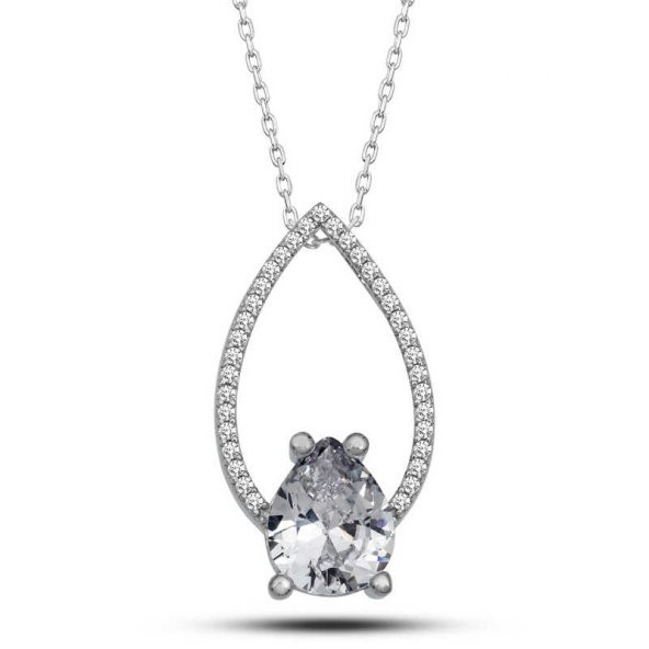 925 Ayar Gümüş Beyaz Taşlı Damla Kadın Gümüş Kolye - Resim 2