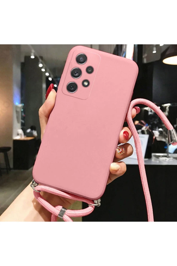 Samsung Galaxy M14 ile Uyumlu Ipli Boyun Askılı Silikon Kılıf Kadife Iç Yüzeyli Epiphany Kılıf Pembe ürün görseli