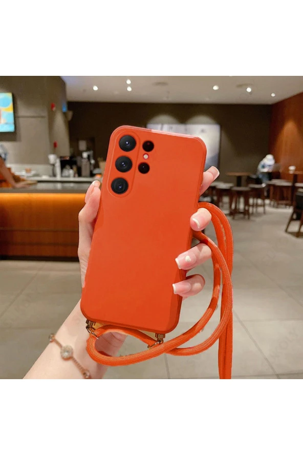 Galaxy A02S ile uyumlu Ipli Boyun Askılı Silikon Kılıf Kadife Iç Yüzeyli Epiphany Kılıf Turuncu