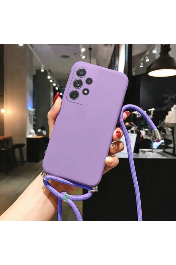Galaxy M32 Ile Uyumlu Ipli Boyun Askılı Silikon Kılıf Kadife Iç Yüzeyli Epiphany Kılıf Lila