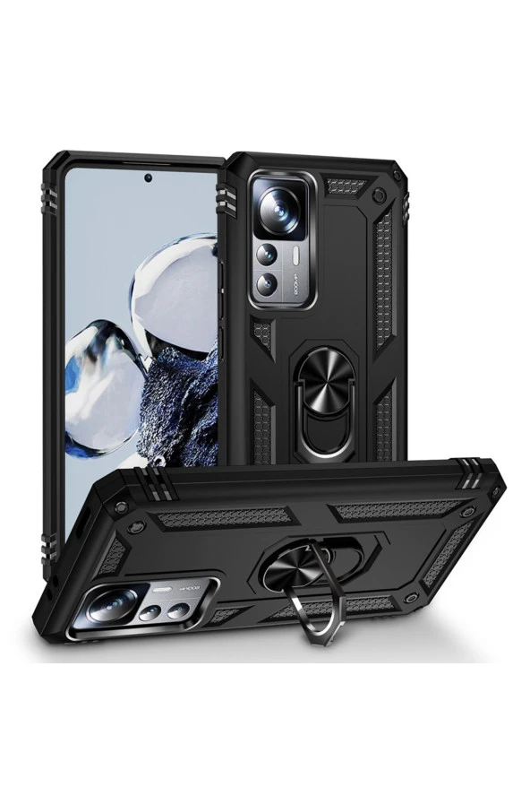 Xiaomi Mi 12T Pro ile uyumlu Kılıf Z-Vega Shockproof Standlı Yüzük Tutuculu Mega Case Kapak Siyah