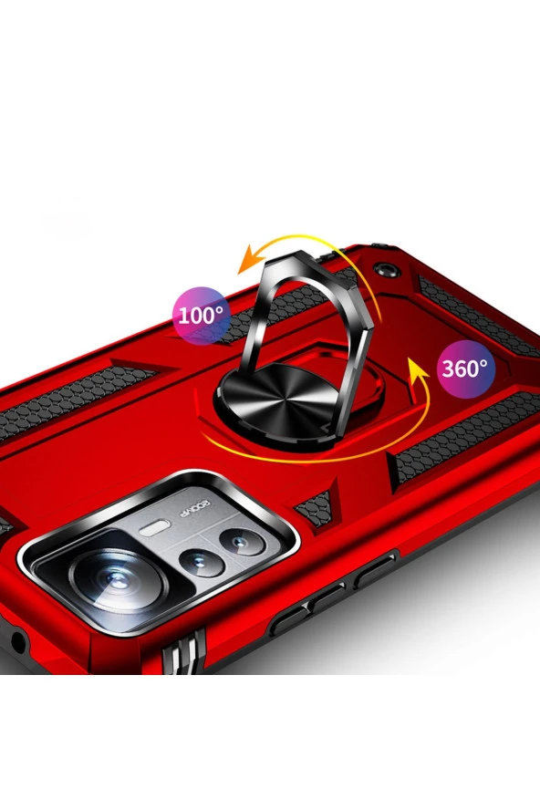 Xiaomi Mi 12T ile uyumlu Kılıf Z-Vega Shockproof Standlı Yüzük Tutuculu Mega Case Kapak Kırmızı - Resim 4