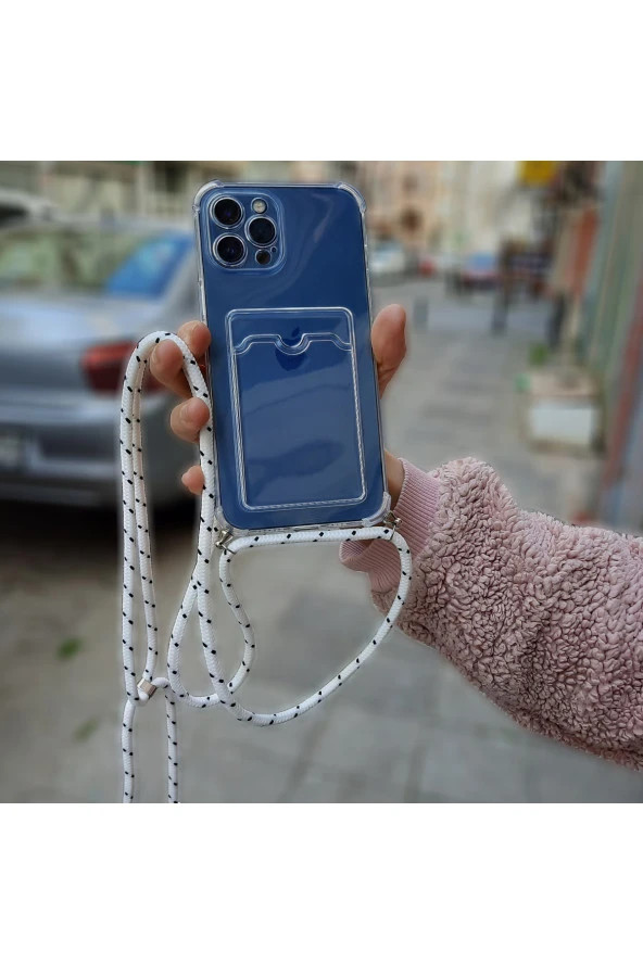 Iphone 14 Ile Uyumlu Ipli Boyun Askılı Silikon Kılıf Şeffaf Renk Kartlıklı Dulcet Epiphany Kılıf