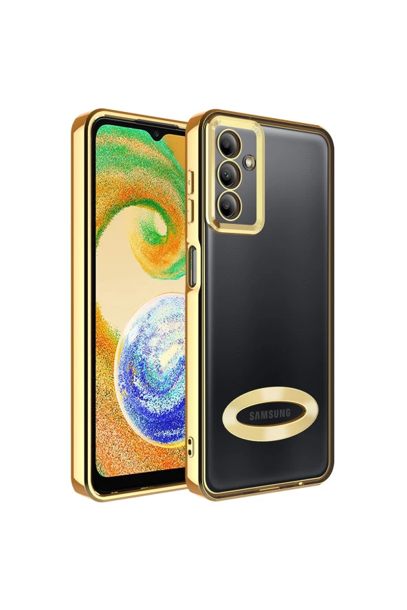 Galaxy A04s Ile Uyumlu Kılıf Kamera Korumalı Logo Gösteren Colored Z-omega Kapak Gold - Resim 3