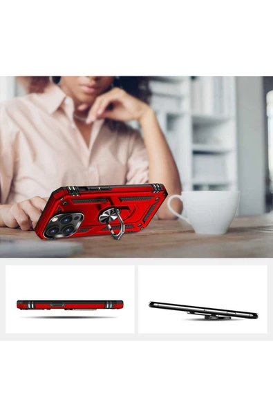 Iphone 14 Pro Ile Uyumlu Kılıf Shockproof Zırhlı Kauçuk Yüzük Tutuculu 360 Derece Lacivert - Resim 5