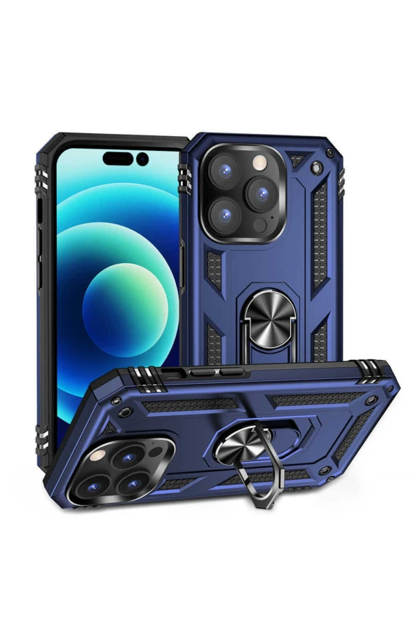 Iphone 14 Pro Max Ile Uyumlu Kılıf Shockproof Zırhlı Kauçuk Yüzük Tutuculu 360° Lacivert ürün görseli