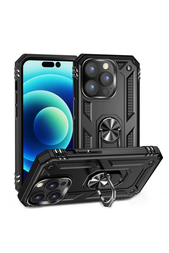 Iphone 14 Pro Max Ile Uyumlu Kılıf Shockproof Zırhlı Kauçuk Yüzük Tutuculu 360° Siyah